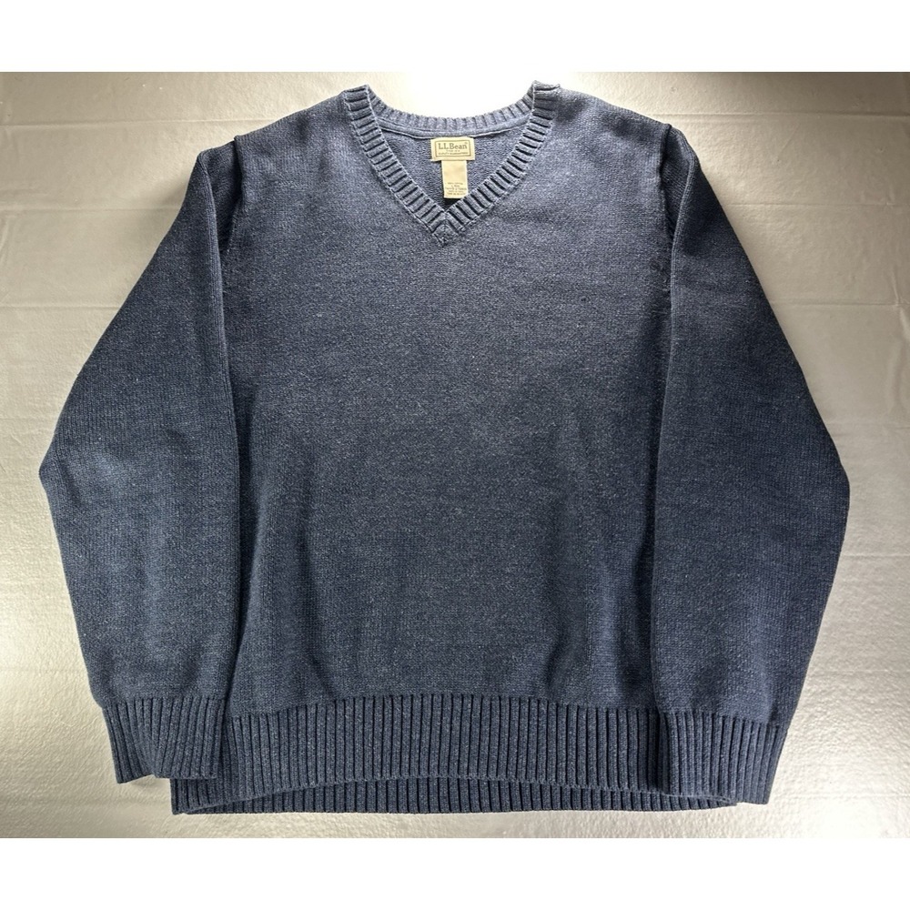 LL Bean Sweater Mens‎ Large Regular Blue Basic Knit Cotton Work V Neck Pullover
